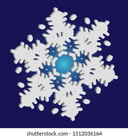 Paper cut isolated snowflake on blue background. Colorful concept with expressive forms and colors. Vector illustration - template. White new year and Xmas modern trend design 3d element.