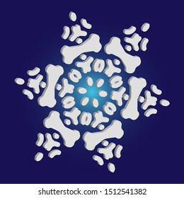 Paper cut isolated snowflake on blue background. Minimal concept with expressive forms and colors. Vector illustration - texture. White new year and Xmas modern trend design 3d element.
