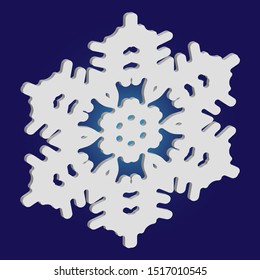 Paper cut isolated snowflake on blue background. Vector illustration - art. Magic concept with expressive forms and colors. White new year and Xmas modern trend design 3d element.