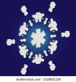 Paper cut isolated snowflake on blue background. Vector illustration - art. Colorful concept with expressive forms and colors. White new year and Xmas modern trend design 3d element.