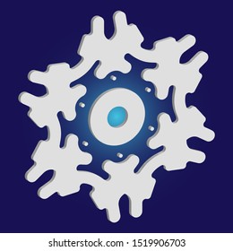 Paper cut isolated snowflake on blue background. Vector illustration - template. Colorful concept with expressive forms and colors. White new year and Xmas modern trend design 3d element.