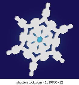Paper cut isolated snowflake on blue background. Abstract concept with expressive forms and colors. Vector illustration - template. White new year and Xmas modern trend design 3d element.