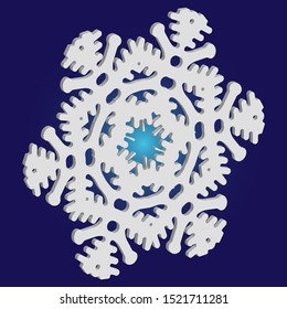 Paper cut isolated snowflake on blue background. Cool concept with expressive forms and colors. Vector illustration - frame. White new year and Xmas modern trend design 3d element.