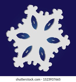 Paper cut isolated snowflake on blue background. Vector illustration - shape. Cool concept with expressive forms and colors. White new year and Xmas modern trend design 3d element.