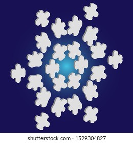 Paper cut isolated snowflake on blue background. Creative concept with expressive forms and colors. Vector illustration - poster. White new year and Xmas modern trend design 3d element.