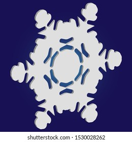 Paper cut isolated snowflake on blue background. Vector illustration - icon. Abstract concept with expressive forms and colors. White new year and Xmas modern trend design 3d element.