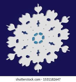 Paper cut isolated snowflake on blue background. Vector illustration - postcard. Cool concept with expressive forms and colors. White new year and Xmas modern trend design 3d element.