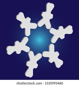 Paper cut isolated snowflake on blue background. Geometric concept with expressive forms and colors. Vector illustration - decoration. White new year and Xmas modern trend design 3d element.