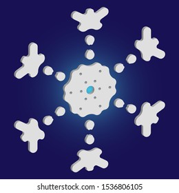 Paper cut isolated snowflake on blue background. Vector illustration - decoration. Abstract concept with expressive forms and colors. White new year and Xmas modern trend design 3d element.