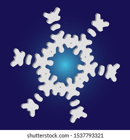 Paper cut isolated snowflake on blue background. Cool concept with expressive forms and colors. Vector illustration - postcard. White new year and Xmas modern trend design 3d element.
