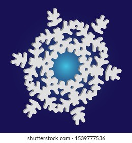Paper cut isolated snowflake on blue background. Vector illustration - decoration. Minimal concept with expressive forms and colors. White new year and Xmas modern trend design 3d element.