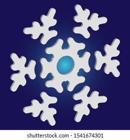 Paper cut isolated snowflake on blue background. Geometric concept with expressive forms and colors. Vector illustration - decoration. White new year and Xmas modern trend design 3d element.