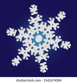 Paper cut isolated snowflake on blue background. Effective concept with expressive forms and colors. Vector illustration - poster. White new year and Xmas modern trend design 3d element.