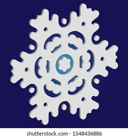Paper cut isolated snowflake on blue background. Vector illustration - poster. Clean concept with expressive forms and colors. White new year and Xmas modern trend design 3d element.