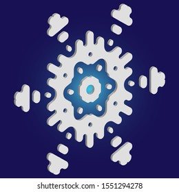 Paper cut isolated snowflake on blue background. Vector illustration - postcard. Effective concept with expressive forms and colors. White new year and Xmas modern trend design 3d element.