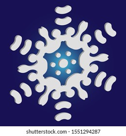 Paper cut isolated snowflake on blue background. Colorful concept with expressive forms and colors. Vector illustration - graphics. White new year and Xmas modern trend design 3d element.