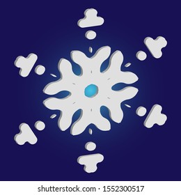 Paper cut isolated snowflake on blue background. Magic concept with expressive forms and colors. Vector illustration - graphics. White new year and Xmas modern trend design 3d element.