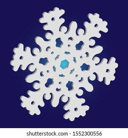 Paper cut isolated snowflake on blue background. Vector illustration - frame. Minimal concept with expressive forms and colors. White new year and Xmas modern trend design 3d element.