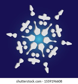 Paper cut isolated snowflake on blue background. Vector illustration - template. Colorful concept with expressive forms and colors. White new year and Xmas modern trend design 3d element.