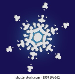 Paper cut isolated snowflake on blue background. Vector illustration - art. Clean concept with expressive forms and colors. White new year and Xmas modern trend design 3d element.