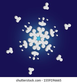 Paper cut isolated snowflake on blue background. Abstract concept with expressive forms and colors. Vector illustration - overlay. White new year and Xmas modern trend design 3d element.