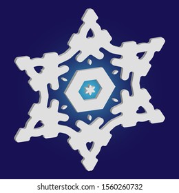 Paper cut isolated snowflake on blue background. Clean concept with expressive forms and colors. Vector illustration - icon. White new year and Xmas modern trend design 3d element.