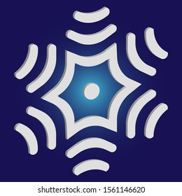 Paper cut isolated snowflake on blue background. Abstract concept with expressive forms and colors. Vector illustration - postcard. White new year and Xmas modern trend design 3d element.