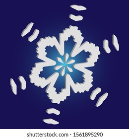 Paper cut isolated snowflake on blue background. Vector illustration - decoration. Magic concept with expressive forms and colors. White new year and Xmas modern trend design 3d element.