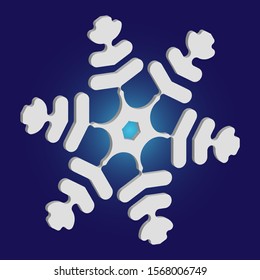 Paper cut isolated snowflake on blue background. Effective concept with expressive forms and colors. Vector illustration - postcard. White new year and Xmas modern trend design 3d element.