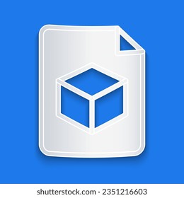 Paper cut Isometric cube file icon isolated on blue background. Geometric cubes solid icon. 3D square sign. Box symbol. Paper art style. Vector