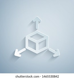 Paper cut Isometric cube icon isolated on grey background. Geometric cubes solid icon. 3D square sign. Box symbol. Paper art style. Vector Illustration