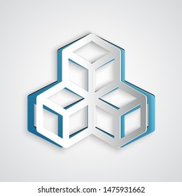 Paper cut Isometric cube icon isolated on grey background. Geometric cubes solid icon. 3D square sign. Box symbol. Paper art style. Vector Illustration