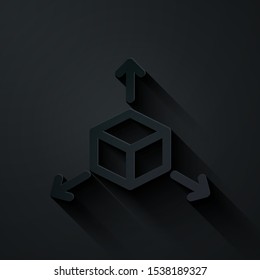 Paper cut Isometric cube icon isolated on black background. Geometric cubes solid icon. 3D square sign. Box symbol. Paper art style. Vector Illustration