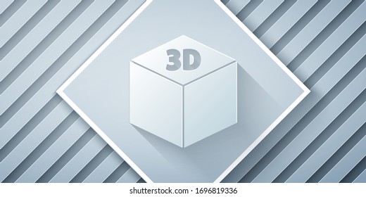 Paper cut Isometric cube icon isolated on grey background. Geometric cubes solid icon. 3D square sign. Box symbol. Paper art style. Vector Illustration