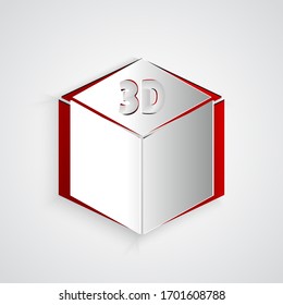 Paper cut Isometric cube icon isolated on grey background. Geometric cubes solid icon. 3D square sign. Box symbol. Paper art style. Vector Illustration
