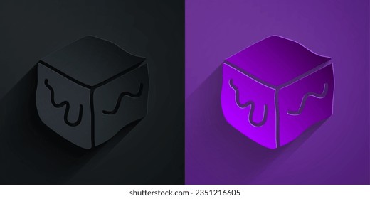 Paper cut Isometric cube icon isolated on black on purple background. Geometric cubes solid icon. 3D square sign. Box symbol. Paper art style. Vector