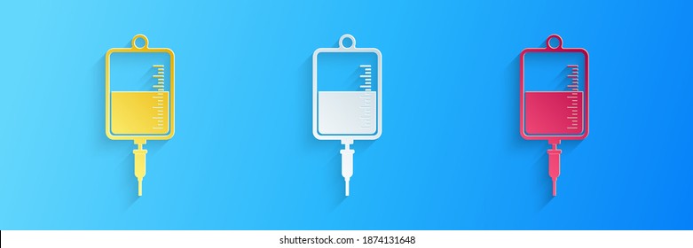 Paper cut IV bag icon isolated on blue background. Blood bag icon. Donate blood concept. The concept of treatment and therapy, chemotherapy. Paper art style. Vector.