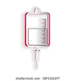 Paper cut IV bag icon isolated on white background. Blood bag icon. Donate blood concept. The concept of treatment and therapy, chemotherapy. Paper art style. Vector.