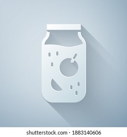 Paper cut Jam jar icon isolated on grey background. Paper art style. Vector