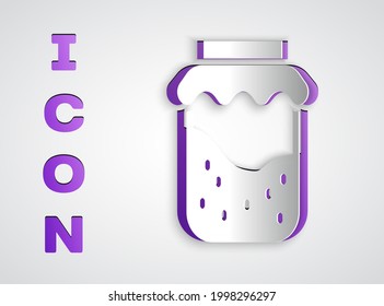 Corte de papel Icono de tarro de mermelada aislado en fondo gris. Estilo de arte de papel. Vector