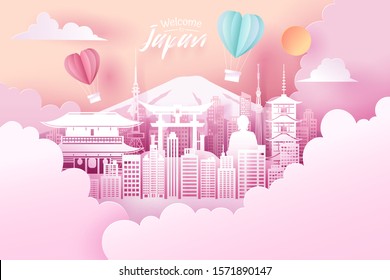 Paper cut of Japan landmark, travel and tourism concept, eps 10 vector.