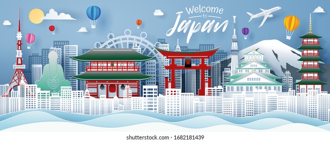 Paper cut of Japan landmark, travel and tourism concept. eps 10 vector.