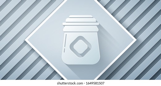 Paper cut Jar of honey icon isolated on grey background. Food bank. Sweet natural food symbol. Paper art style. Vector Illustration