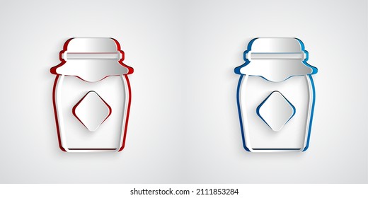 Paper cut Jar of honey icon isolated on grey background. Food bank. Sweet natural food symbol. Paper art style. Vector
