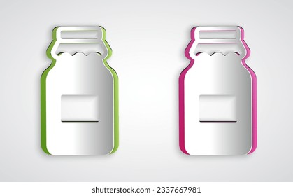 Paper cut Jar of honey icon isolated on grey background. Food bank. Sweet natural food symbol. Paper art style. Vector
