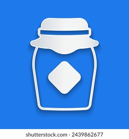 Paper cut Jar of honey icon isolated on blue background. Food bank. Sweet natural food symbol. Paper art style. Vector