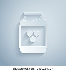 Paper cut Jar of honey icon isolated on grey background. Food bank. Sweet natural food symbol. Paper art style. Vector