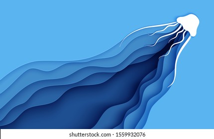 Paper cut jellyfish. Paper craft background under ocean cave with medusa and waves. Vector sea marine life concept. Craft cardboard underwater ocean in blue white color.