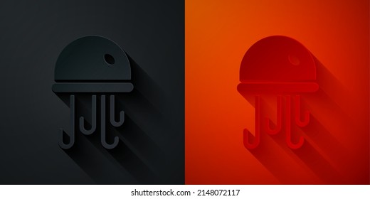 Paper cut Jellyfish icon isolated on black and red background. Paper art style. Vector