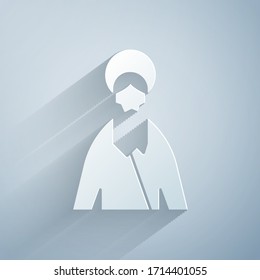 Paper cut Jesus Christ icon isolated on grey background. Paper art style. Vector Illustration
